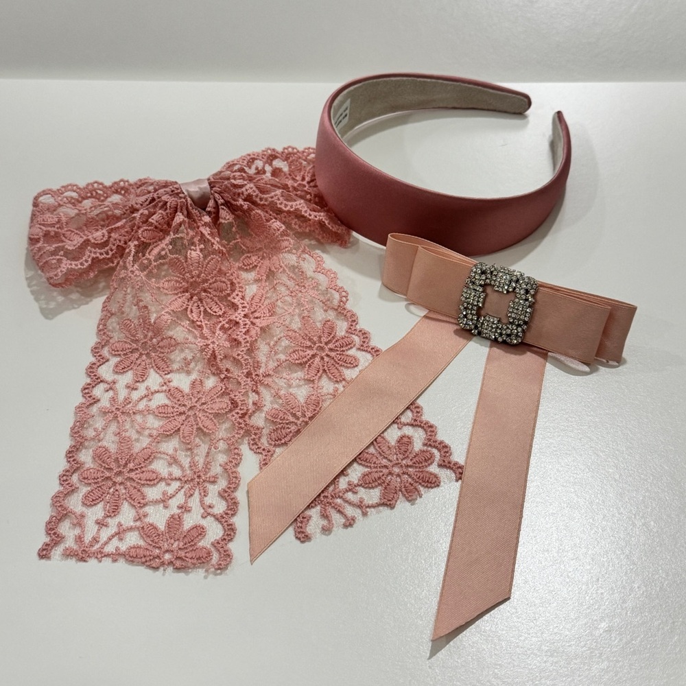 Urban Outfitters Pink Satin Headband and Masie Lace Bow Barrette Hair Bundle